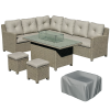 Outsunny Rattan Garden Furniture with Fire Pit and Waterproof Cover, 8 Seater Garden Corner Sofa Set with 11.8 KW Fire Pit Table, Ottomans and Olefin Cushions, Outdoor Conservatory Furniture, Grey