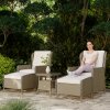 Outsunny 5 Piece Rattan Garden Furniture Set with Recliner Chairs, Wicker Patio Conversation Set with Footstools, 2-Tier Glass Top Coffee Table, Cushions for Outdoor, Balcony, Porch, Light Grey