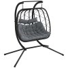 Outsunny Outdoor PE Rattan 2 Seaters Swing Chair with Thick Padded Cushion, Patio Hanging Egg Chair with Metal Stand, Headrest, for Indoor and Outdoor, Black