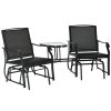 Outsunny Outdoor Double Glider Rocking Chairs with Glass Top Middle Table, Metal Gliding Love Seat Conversation Furniture with Breathable Mesh Fabric Seat, for Garden, Patio, Black