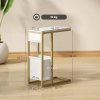 HOMCOM C Shaped Side Table with Storage and Charging Station, Faux Marble Narrow Bedside Table with Fabric Storage Bag and Steel Frame for Living Room, Bedroom, White