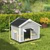 PawHut Dog House Wooden Dog Kennel Outdoor with Openable Asphalt Roof, Removable Floor, Door Curtain, Elevated Feet, for Medium Breeds, Light Grey