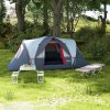 Outsunny Folding Picnic Table with 4 Seats and Umbrella Hole, Aluminium Frame Portable Camping Table Set for Patio, Porch, Garden, Grey