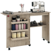 HOMCOM Folding Sewing Table, Drop Leaf Craft Table with Storage Bins, Open Shelf and Wheels, Rolling Sewing Machine Cabinet Computer Desk for Small Space, Grey