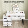 HOMCOM LED Lighted Dressing Table with Leaf Shape Mirror, Modern Vanity Desk with 5 Drawers, Makeup Desk with Fluted Panels, White