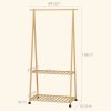 HOMCOM Bamboo Clothes Rail Rack with 2 Storage Shelves and 2 Hooks, Freestanding Open Wardrobe Coat Stand with Wheels for Entryway, Bedroom, Natural Wood Effect