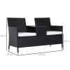 Outsunny 2 Seater Rattan Sofa with Cushions, Wicker Garden Loveseat with Armrests, Outdoor Garden Sofa Couch with Metal Frame for Patio, Black