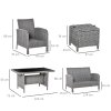 Outsunny 6 Pieces Rattan Garden Furniture Set, 6 Seater Garden Sofa Set with Glass Top Dining Table, Loveseat, 2 Armchairs and Ottomans, Wicker Outdoor Conservatory Furniture for Patio, Grey