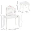 HOMCOM Kids Vanity Table & Stool Girls Dressing Set Make Up Desk Chair Dresser Play Set with Rotatable Mirrors Drawer Star & Heart Pattern White