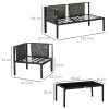 Outsunny 5 Seater Garden Corner Sofa Set, 4 Pieces Metal Garden Furniture Set with Loveseats, Glass Top Coffee Table, Breathable Mesh Pocket, Outdoor Conversation Furniture with Cushions, Light Grey