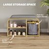 HOMCOM Bamboo Shoe Bench with Cushion, Shoe Rack Bench with 2 Slatted Shelves and Pull-Out Fabric Basket for Hallway, Entryway, Living Room, Nature Wood Finish