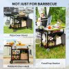 Outsunny Outdoor BBQ Trolley with Foldable Side Table, Stainless Steel Top, Outdoor Kitchen with Wheels Hooks Shelves Cabinet, Pizza Oven Table Movable Outdoor Grill Dining Cart with Cover, Black