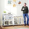 PawHut Rabbit Hutch with Run, 2-Tier Wooden Guinea Pig Hutch with Wheels, 2 Openable Tops, 3 Plastic Trays, Small Animal House Indoor for 2-3 Bunnies, Guinea Pigs, 147 x 45 x 89.5cm, Grey