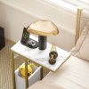 HOMCOM C Shaped Side Table with Storage and Charging Station, Faux Marble Narrow Bedside Table with Fabric Storage Bag and Steel Frame for Living Room, Bedroom, White