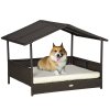 PawHut Wicker Dog Bed, Elevated Rattan Dog House with Removable Cushion and Canopy, for Small and Medium Dogs, 98 x 69 x 70cm - Cream