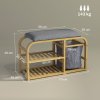 HOMCOM Bamboo Shoe Bench with Cushion, Shoe Rack Bench with 2 Slatted Shelves and Pull-Out Fabric Basket for Hallway, Entryway, Living Room, Nature Wood Finish