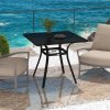 Outsunny Garden Dining Table, Outdoor Square Coffee Table with Wood Grain Effect Steel Tabletop, Parasol Hole and Foot Pads for Balcony, Porch, Black