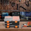 DURHAND Set Of 4 Plastic DIY Tool Storage Boxes w/ Inside Dividers Locking Lids Home Garage Organisation Stacking Arts Crafts Bolts Black Orange