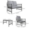 Outsunny 4 Piece Rattan Garden Furniture Set, 4 Seater Wicker Patio Conversation Set with 2 Armchairs, Loveseat, Glass Top Coffee Table and Cushions for Outdoor, Balcony, Grey