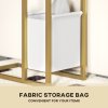HOMCOM C Shaped Side Table with Storage and Charging Station, Faux Marble Narrow Bedside Table with Fabric Storage Bag and Steel Frame for Living Room, Bedroom, White