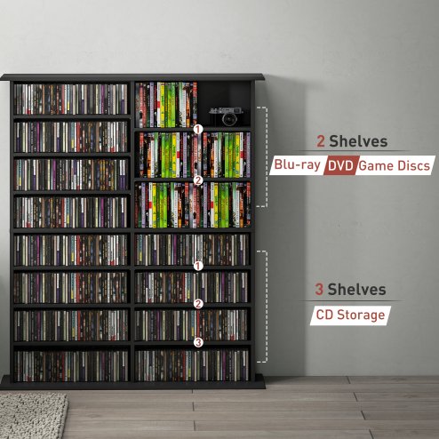 HOMCOM 720 CD/396 DVD Storage Unit, 396 Blu-ray Media Storage Shelf with 16 Compartments and 12 Adjustable Shelves, CD Tower for Living Room, Bedroom, Office