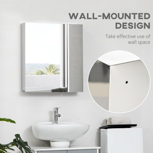 kleankin Bathroom Mirror Cabinet, Stainless Steel Wall-Mounted Bathroom Storage Cabinet with 2 Hinged Doors and Shelves for Laundry Room, 54W x 60Hcm, Silver