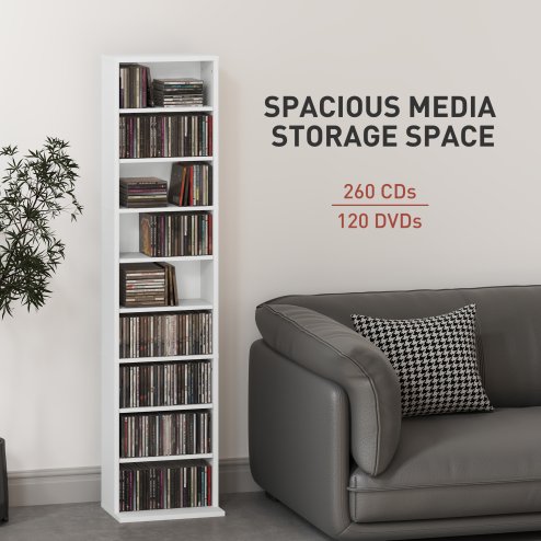 HOMCOM 260 CD/120 DVD Storage Unit, Blu-ray Media Storage Shelf with 9 Compartments and 6 Adjustable Shelves, CD Tower for Living Room, Bedroom, Office