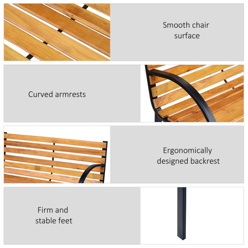Outsunny Wooden Garden Bench Park Chair 2 Seater Love Seat Chair Outdoor Patio Porch Furniture w/ Sturdy Steel Frame