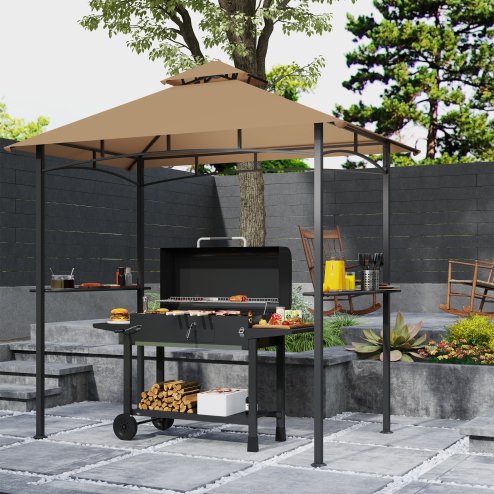 Outsunny 2.5x1.5m (8'x5') Grill Gazebo Canopy, Double Tiered Outdoor BBQ Gazebo Shelter with 2 Side Shelves for Garden, Patio, Barbecue, Picnic, Khaki