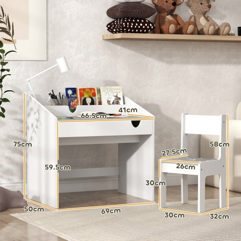 AIYAPLAY Kids Desk and Chair Set, Children Study Table and Chair with Storage, Pull-Out Drawer, Star and Moon Pattern, for Bedroom, Playroom, Nursery, for Ages 3-6 Years, Grey