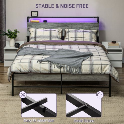 HOMCOM 5ft King Size Bed Frame with LED Lights and Charging Station, Platform Bed Frame with Storage Headboard, Steel Slat Support, No Box Spring Needed, Easy Assembly, Cement Grey