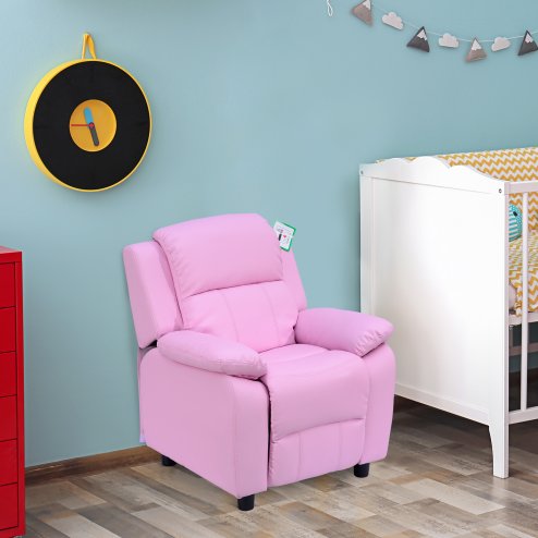 HOMCOM Kids Sofa Armchair Toddler Recliner Children's Chair Lounger Games Chair  PU Leather w/ Storage  (Pink)