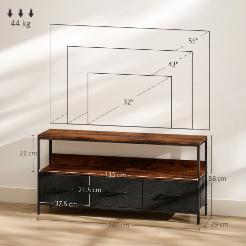 HOMCOM TV Stand Cabinet up to 55-inch, TV Unit with 3 Foldable Linen Drawers, Open Shelf for Living Room, Bedroom, Entertainment Room, Rustic Brown