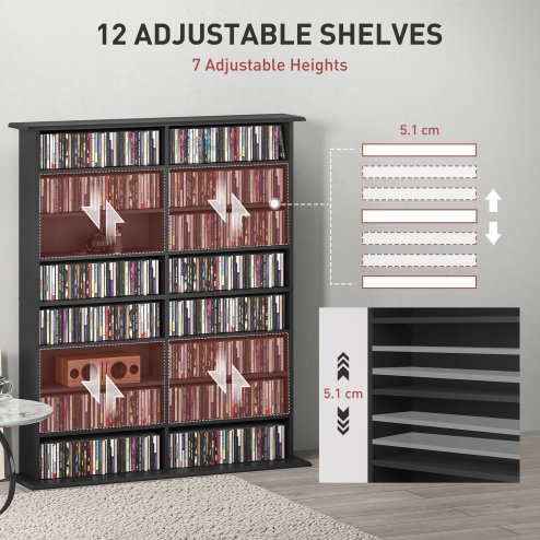 HOMCOM 720 CD/396 DVD Storage Unit, 396 Blu-ray Media Storage Shelf with 16 Compartments and 12 Adjustable Shelves, CD Tower for Living Room, Bedroom, Office
