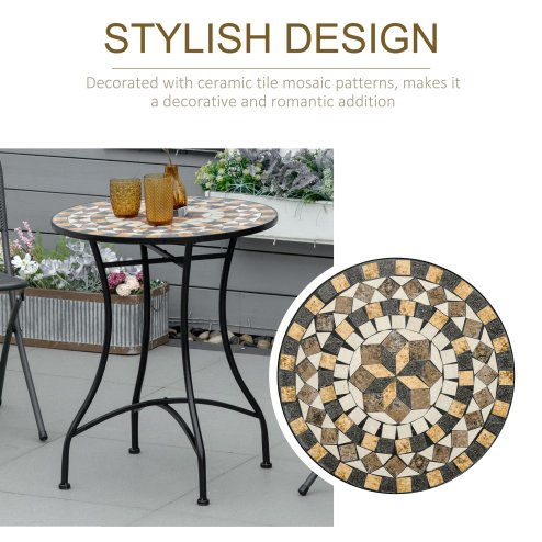 Outsunny 60 cm Mosaic Garden Table, Small Round Outdoor Side Table with Ceramic Top, Plant Stand for Patio, Balcony, Grey and Beige