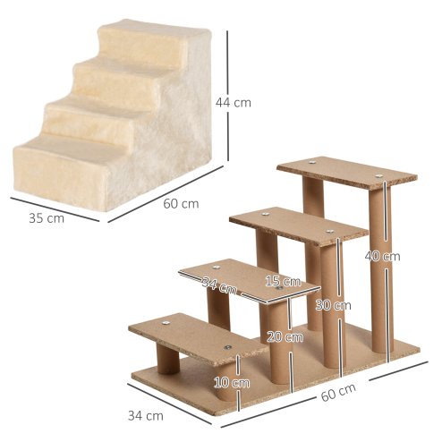 PawHut Dog Steps for Sofa, 4 Steps Dog Stairs, Pet Stairs, with Washable Plush Cover, for Small Breeds, Cats - Beige
