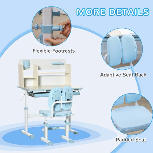 HOMCOM Kids Desk and Chair Set, Height Adjustable Kids Study Table and Chair Set with Storage Shelves, Washable Cover, Anti-Slip Mat, for Ages 3-12 Years - Blue
