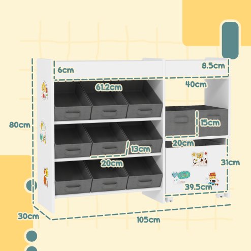 AIYAPLAY Kids Toy Storage Unit, Children Toy Box Organiser with 11 Fabric Bins, Cabinet, Top Shelves, 3 Stickers, Kids Storage Unit Bookshelf for Nursery, Playroom, Kindergarten, White
