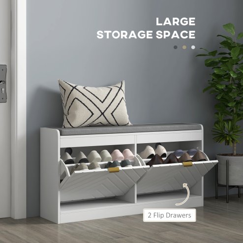 HOMCOM Shoe Storage Bench, Narrow Shoe Bench with 2 Flip Drawers, Seating Cushion and 2 Vents for 8 Pairs of Shoes for Entryway, Hallway, White