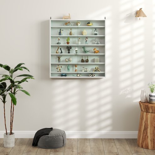 HOMCOM 7-Tier Wall Mounted Display Cabinet, Display Case with 6 Adjustable Shelves, Glass Doors for Home Office Ornaments 83x80cm, White