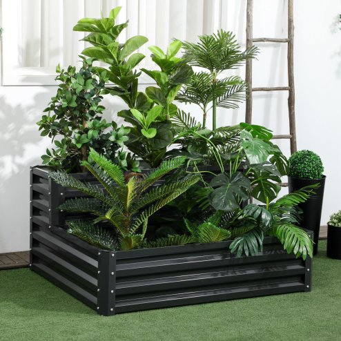 Outsunny 2 Tier Galvanised Raised Garden Bed, Outdoor Steel Planter Box with Open Bottom for Vegetables, Flowers and Herbs, 120 x 101 x 58 cm, Dark Grey