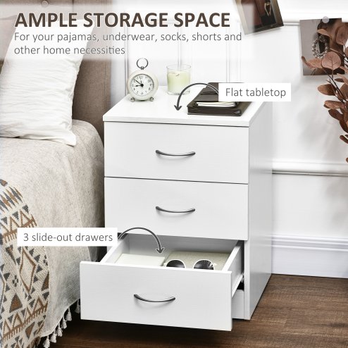 HOMCOM Bedside Table with 3 Drawers, Modern Wood Nightstand, Side Table with Anti-tipping Design for Bedroom, White