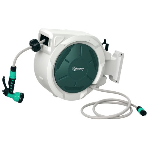 Outsunny Retractable Hose Reel Wall Mounted, 30+2m Garden Hose Pipe Reel with Lock, Auto Rewind, 7 in 1 Spray Nozzle, Includes Wall Fixings, 180?? Swivel, Outdoor Watering, Grey