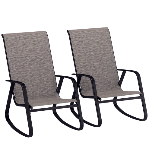 Outsunny Garden Rocking Chairs Set of 2, Ergonomic Outdoor Rocking Chairs with Armrests, High Backrest, Steel Frame Relaxing Rocker Armchair Seats for Patio, Balcony, Porch, Light Brown