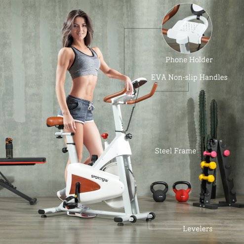 SPORTNOW Indoor Exercise Biker, Quiet Stationary Bike, Stylish Cycling Machine with Adjustable Seat and Resistance, LCD Monitor, Tablet Holder, for Home Gym Cardio Workout, White