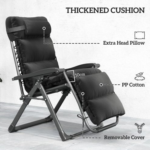 Outsunny Zero Gravity Chairs Set of 2, Folding Reclining Garden Chair, Outdoor Sun Lounger with Cushion, Garden Recliner Chairs with Headrest and Cup Phone Holder Tray for Beach, Black
