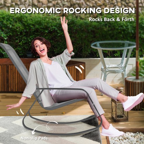 Outsunny Garden Rocking Chairs Set of 2, Ergonomic Outdoor Rocking Chairs with Armrests, High Backrest, Steel Frame Relaxing Rocker Armchair Seats for Patio, Balcony, Porch, Grey