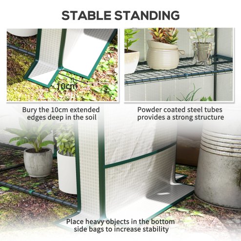 Outsunny 3 Tier Lean-to Mini Greenhouse with Reinforced PE Cover, Portable Small Greenhouse with Roll-Up Door, Green Hemmed Edging, 144 x 48 x 152cm, White