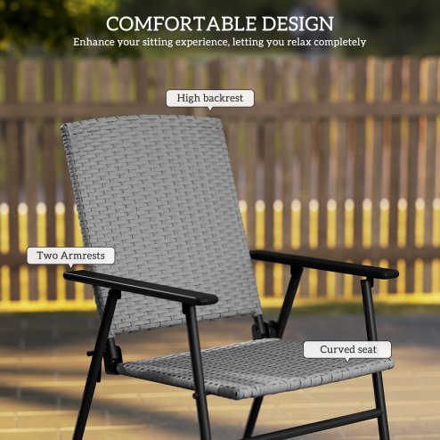 Outsunny Folding Garden Chairs Set of 2, PE Rattan Garden Dining Chairs with Armrests, High Back and Steel Frame, Weather Resistant Outdoor Dining Furniture for Patio, Balcony, Grey