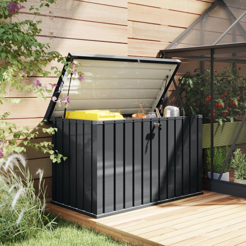 Outsunny 400L Garden Storage Box Waterproof Metal Outdoor Storage Box with Lockable Lid, Storage Container Furniture Deck Box, 124 x 66 x 72 cm, Dark Grey